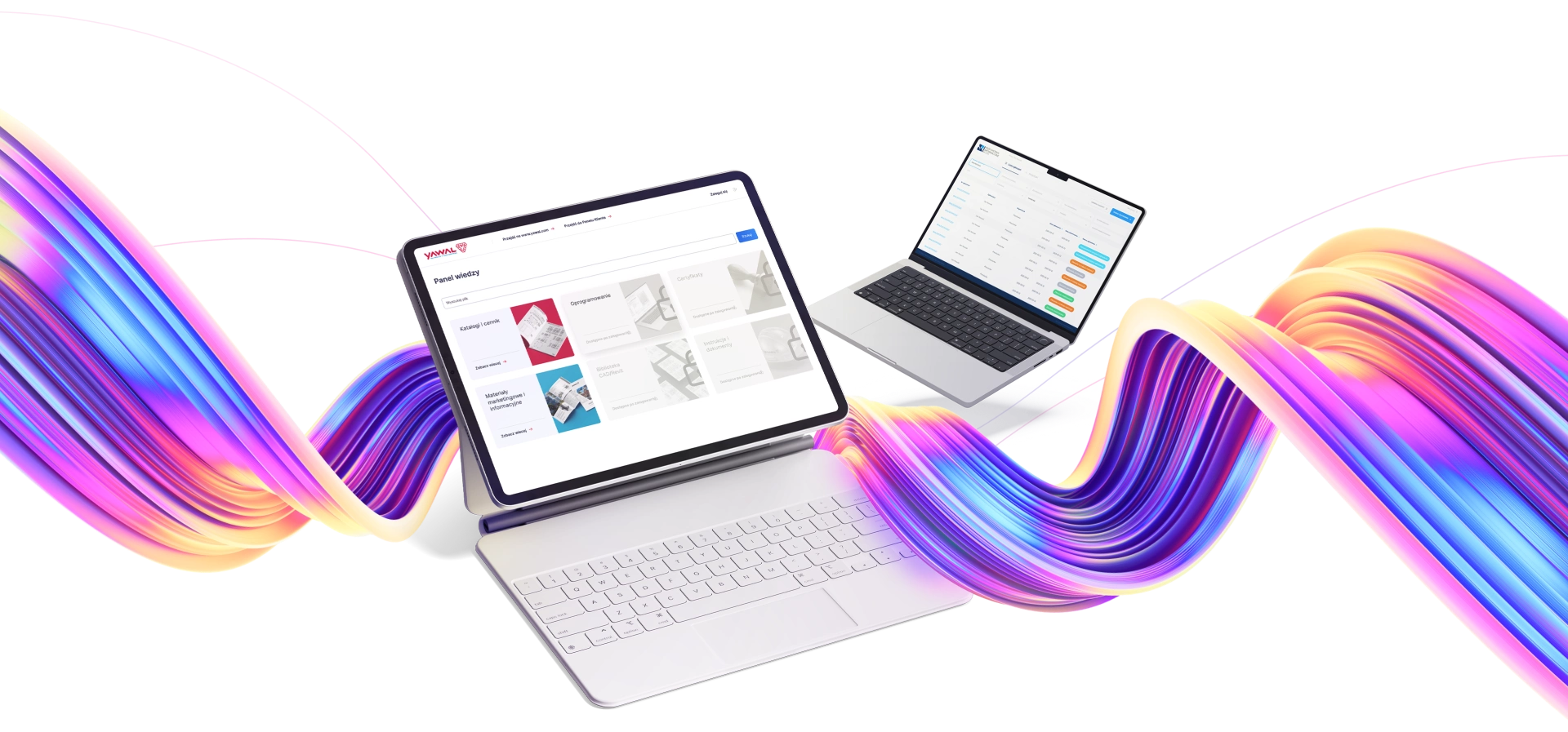 Dwa laptopy pokazują narzędzia sprzedażowe: panel wiedzy Yawal z katalogami i CRM do monitorowania danych, ułatwiające pracę klientom i partnerom.