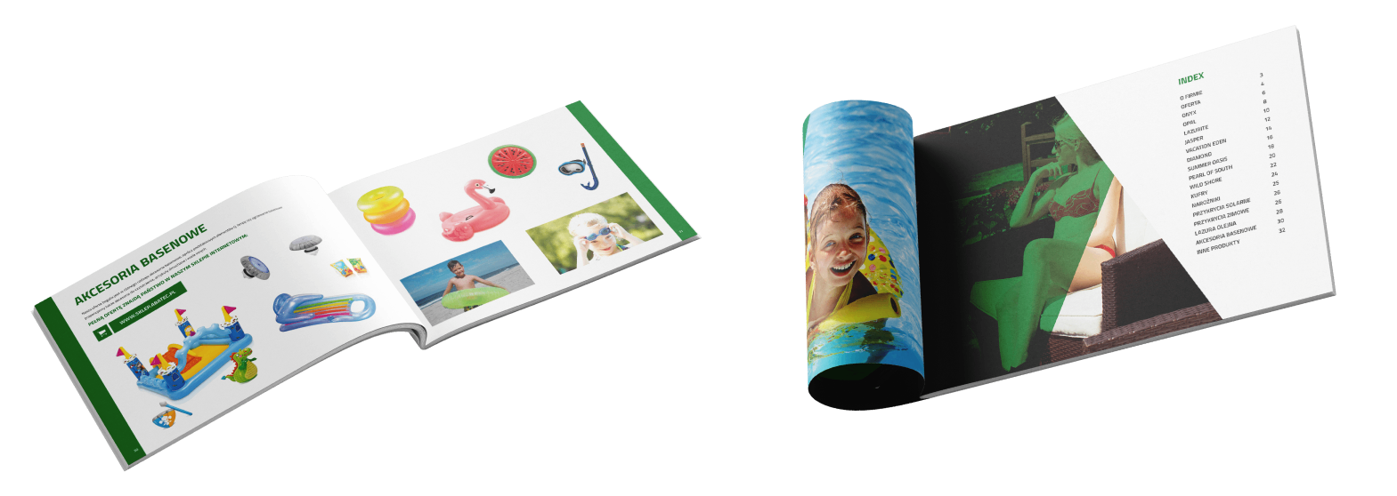 Grafika przedstawia elegancki katalog firmy ABATEC, specjalizującej się w drewnianych basenach. Okładka zawiera logo, wizualizacje oraz oznaczenia unijne.