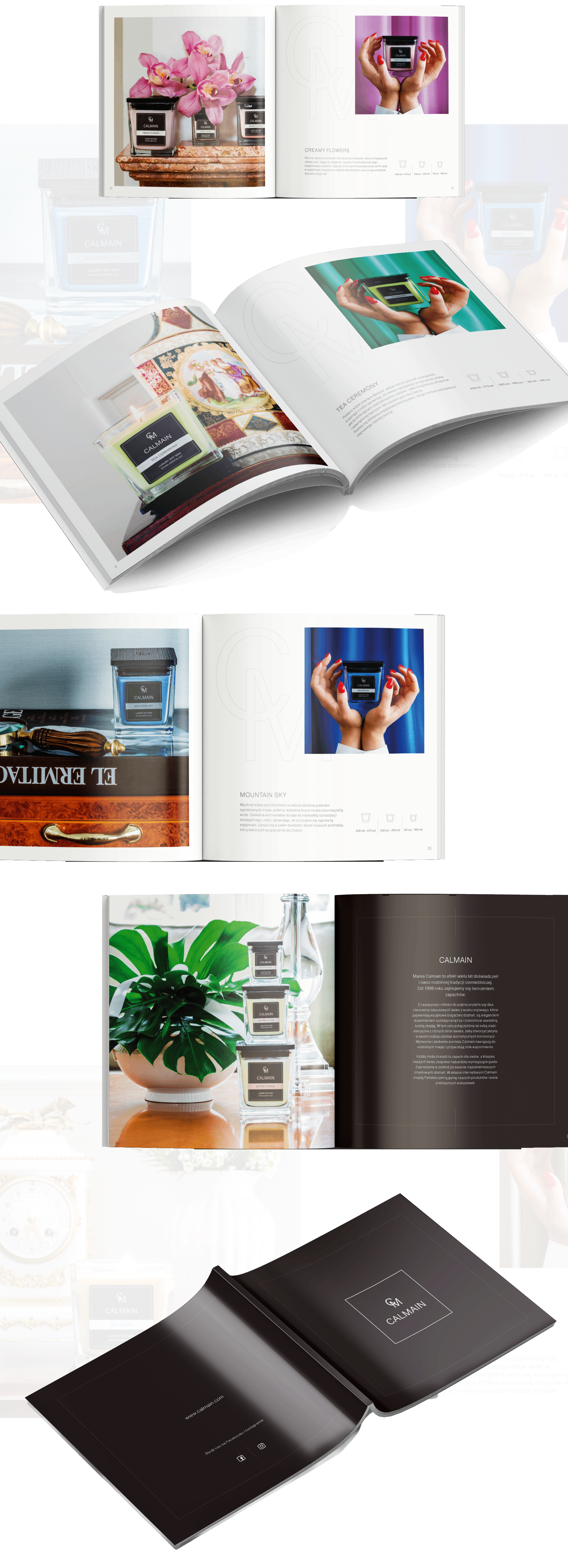 Grafika przedstawia katalog marki CALMAIN z eleganckimi świecami zapachowymi. Strony zawierają stylowe fotografie, delikatne detale oraz opis produktu "Creamy Flowers".