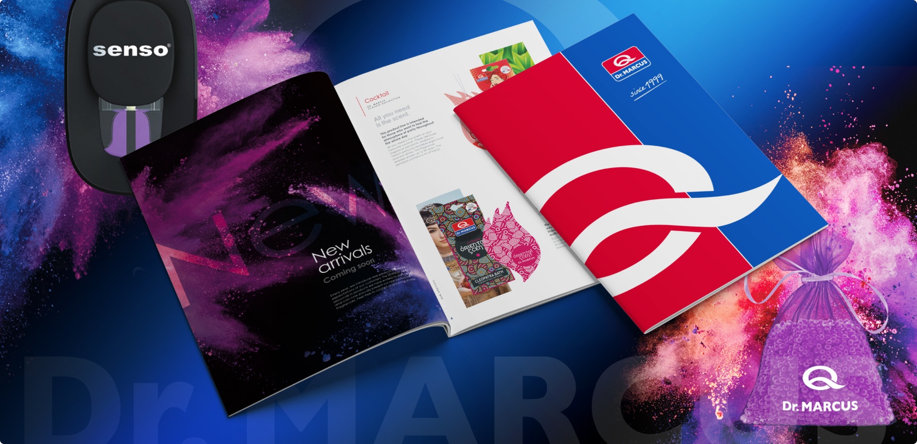 Nowoczesny katalog Dr. Marcus z zapowiedzią nowych produktów. Dynamiczny design, intensywne kolory i ekskluzywna prezentacja odświeżaczy powietrza oraz akcesoriów zapachowych.