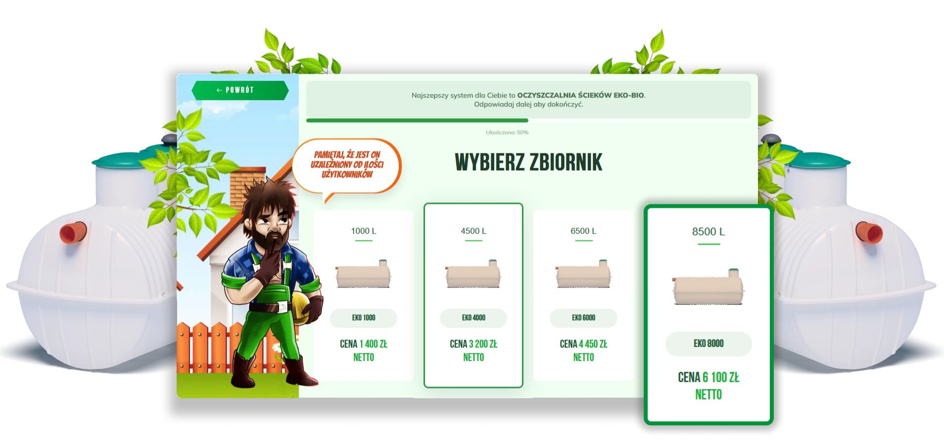 Konfigurator oczyszczalni ścieków EKO-BIO pozwala dobrać odpowiedni zbiornik według liczby użytkowników. Dostępne pojemności: 1000L, 4500L, 6500L.