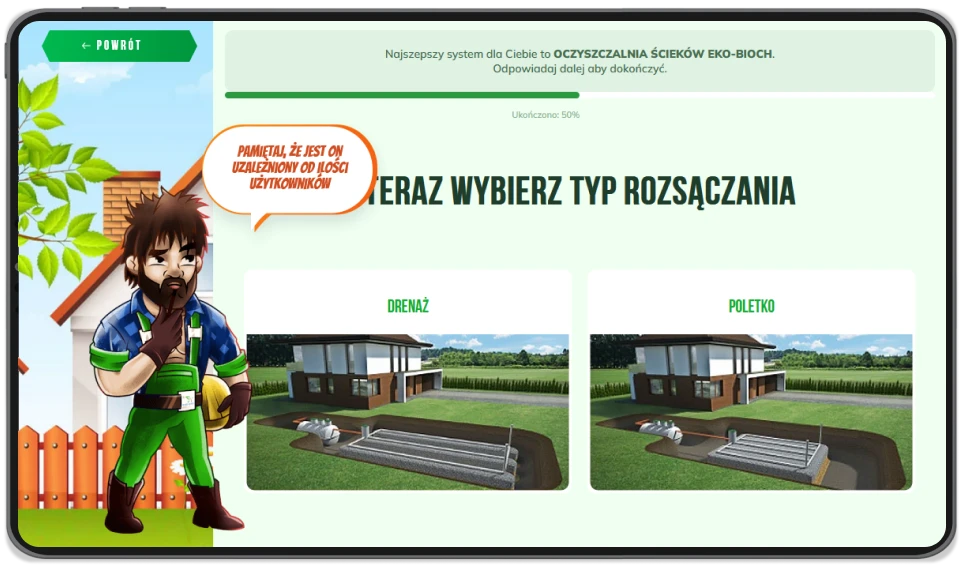 Interaktywny konfigurator pomaga dobrać oczyszczalnię ścieków EKO-BIO, analizując dostępność kanalizacji sanitarnej i potrzeby użytkownika.