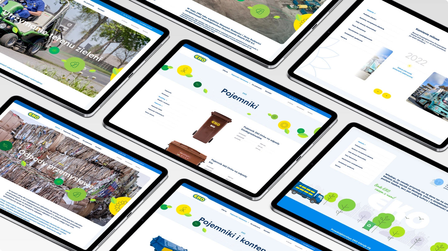 Na górnym zdjęciu widoczne są trzy ekrany smartfonów prezentujące różne sekcje strony internetowej firmy EKO.