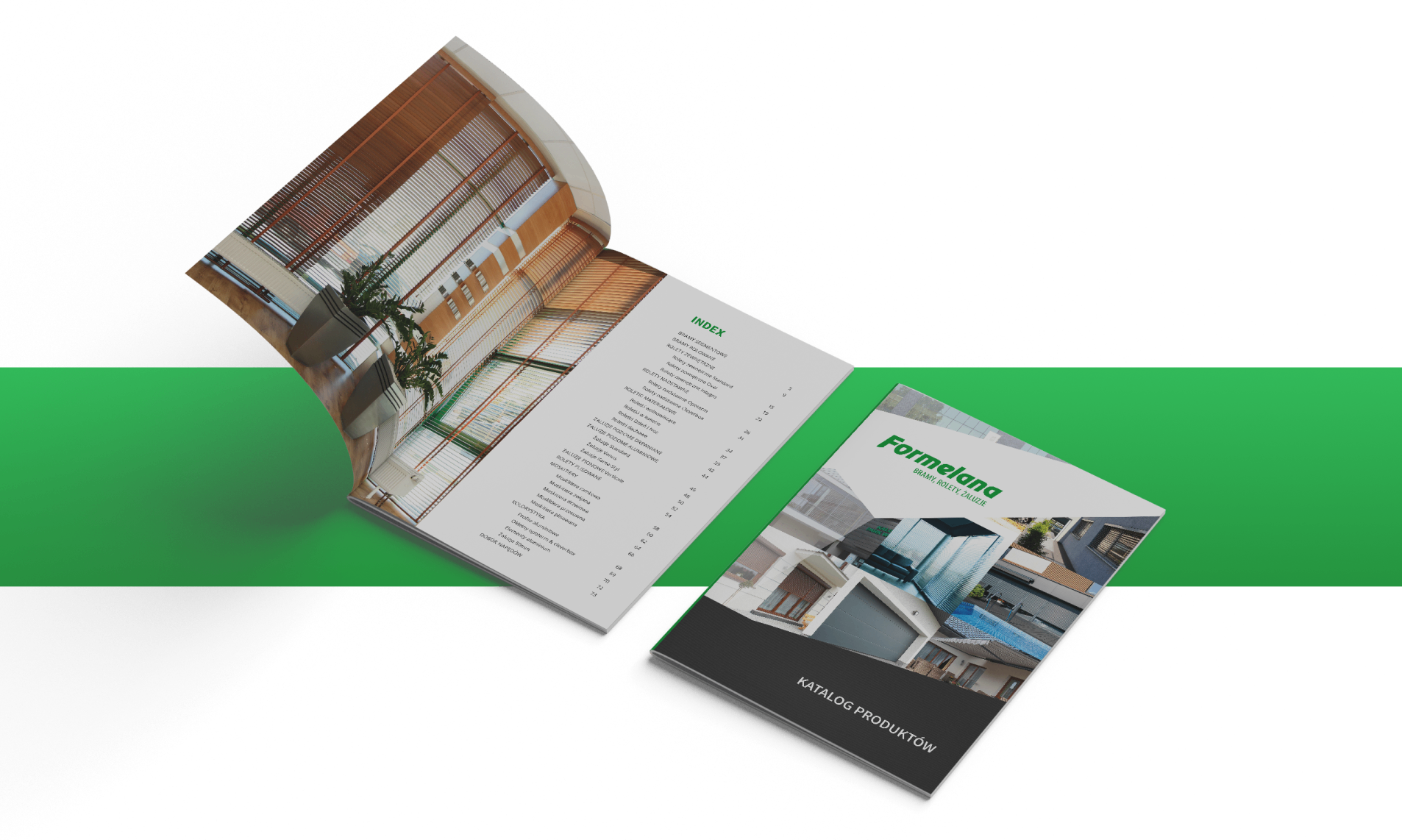 Katalog Formelana – elegancki design, przejrzysty indeks produktów i nowoczesne osłony okienne. Profesjonalna prezentacja oferty w estetycznej, zielono-białej stylistyce.