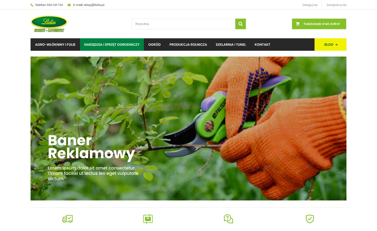 Strona sklepu ogrodniczego prezentuje ofertę narzędzi, sprzętu i akcesoriów do ogrodu i rolnictwa, z koszykiem zakupowym, blogiem i opcją wyszukiwania.