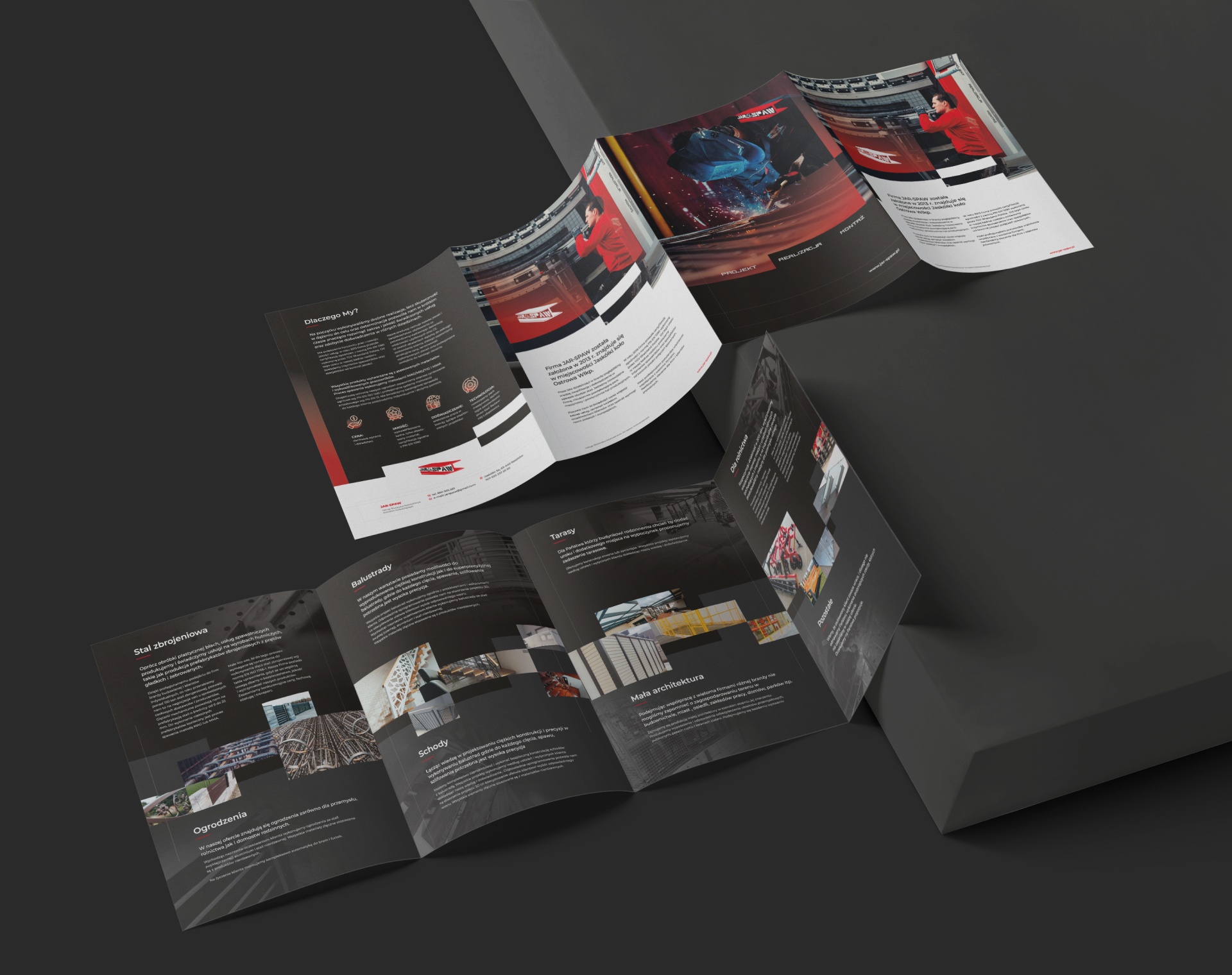 Katalog JULSPAW – profesjonalna prezentacja usług firmy, obejmująca konstrukcje stalowe, obróbkę blach oraz nowoczesne technologie. Dynamiczny, techniczny design.