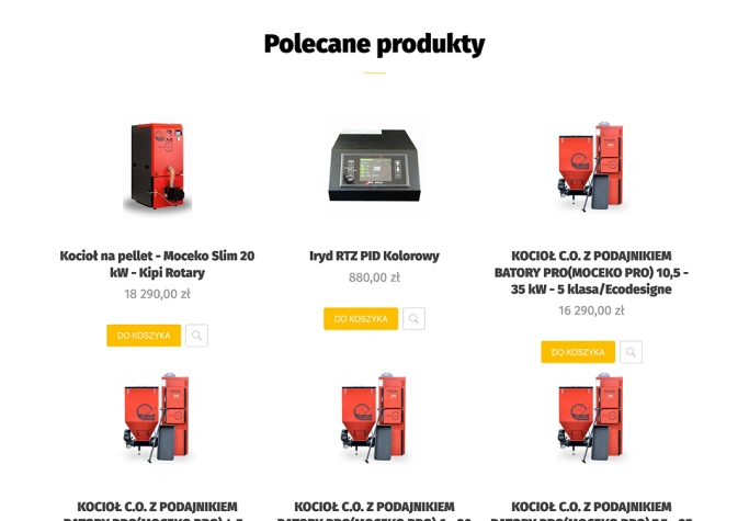 To sekcja "Polecane produkty" w sklepie Mocek Kotły, prezentująca wybrane kotły i akcesoria, w tym kocioł na pellet Moceko Slim 20 kW i sterownik Iryd RTZ PID.