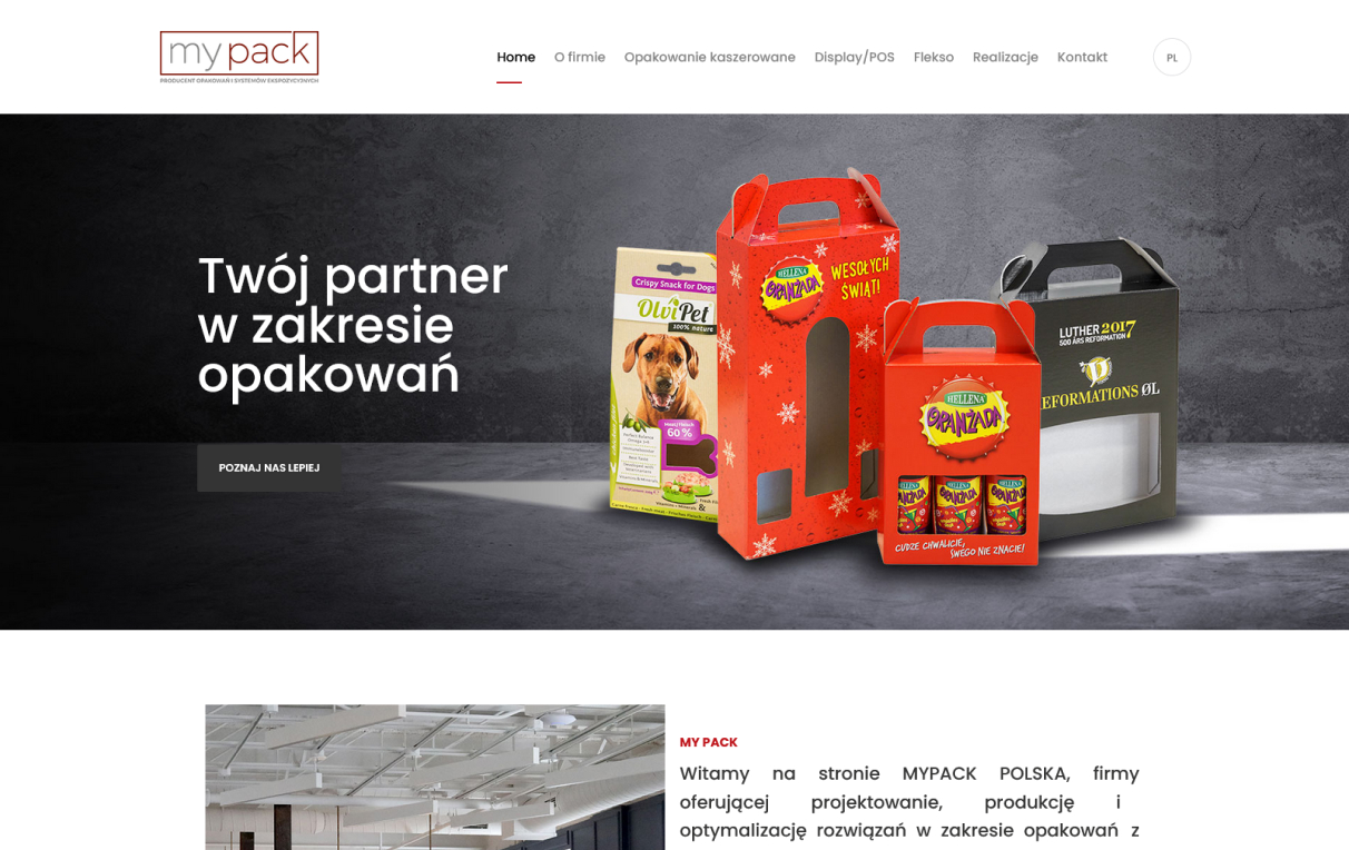 strona internetowa Mypack przedstawiająca krótki opis oraz opakowanie na oranżadę i karmę dla psów