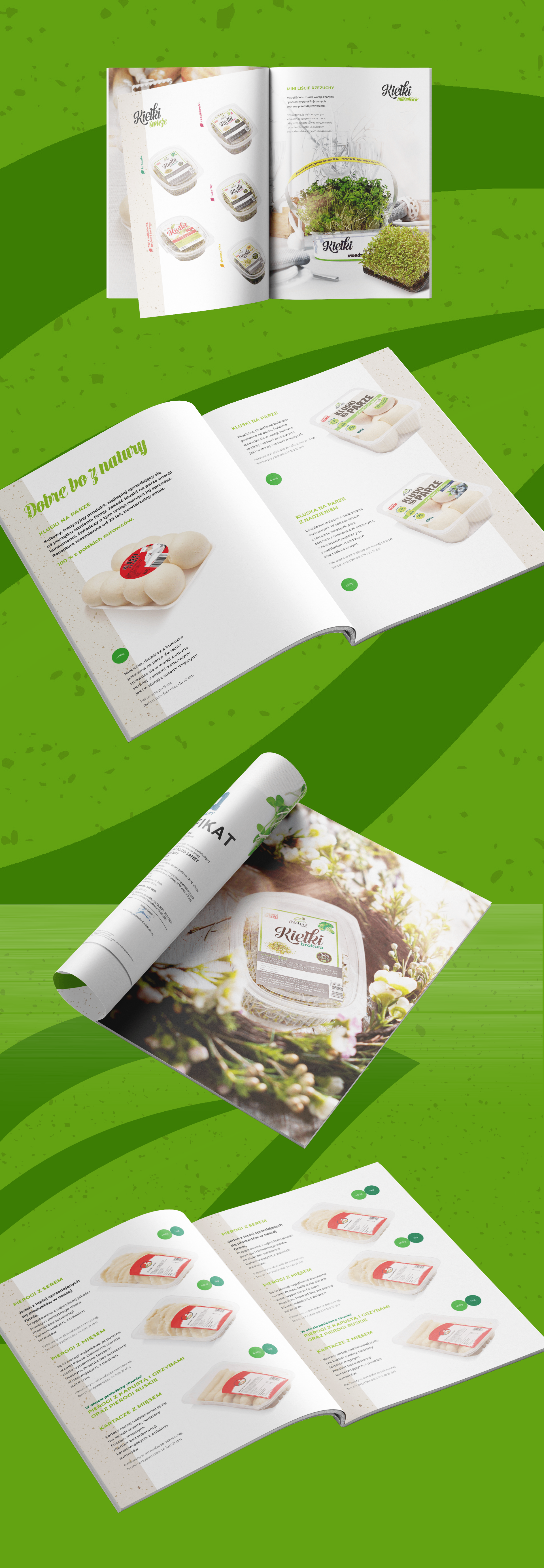 Katalog Natura Kalisz na zielonym tle prezentuje produkty naturalne – kiełki oraz kulki na grilla i do pizzy. Ekologiczna estetyka i czytelne opisy produktów.