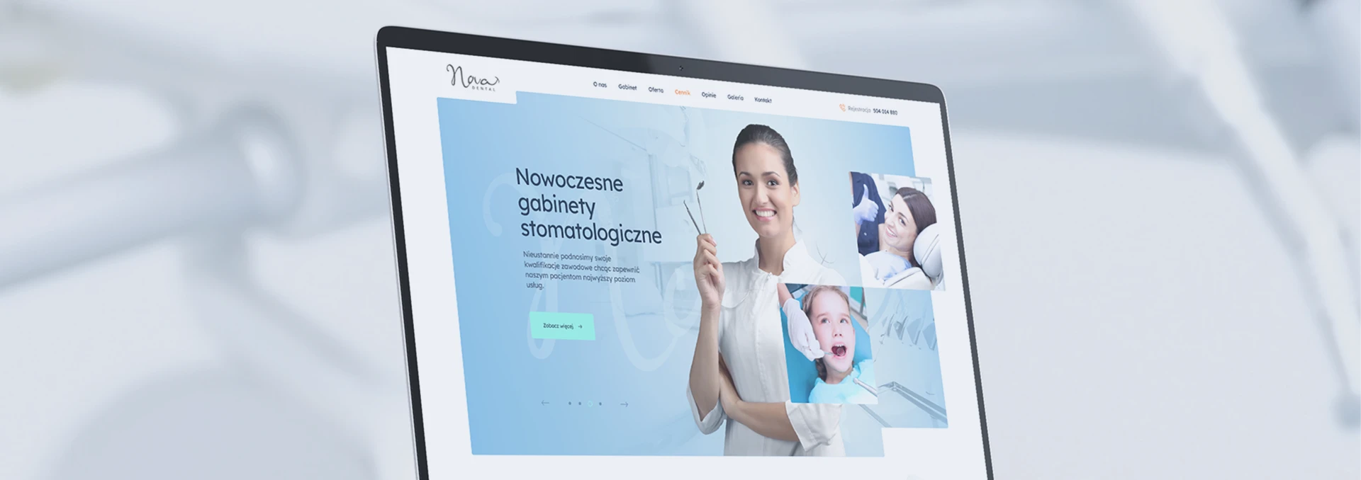 Baner firmy Nova Dental przedstawia lapropa, na którym widnieje strona internetowa Nova Dental przygotowana przez agencję Media Essence.
