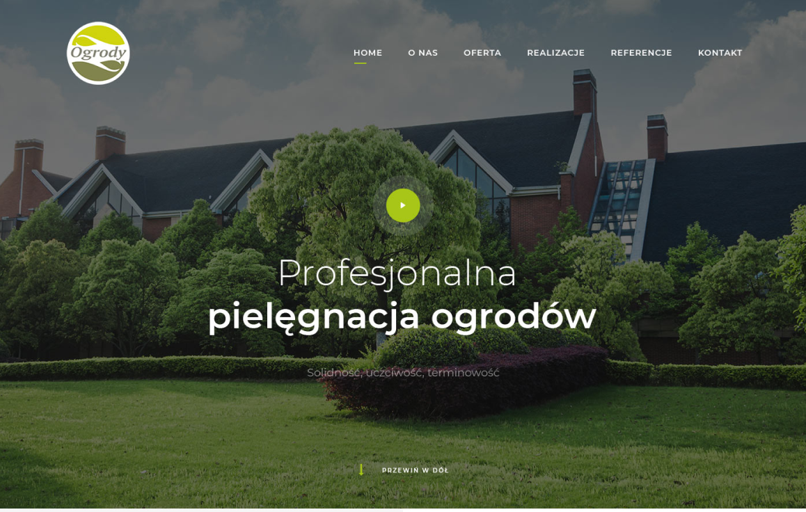 Na zdjęciu widać stronę internetową, która oferuje profesjonalną pielęgnację ogrodów. Zawiera ona informacje o firmie, takie jak oferta, realizacje, referencje oraz kontakt. Na pierwszym planie widoczny jest obraz zadbanego ogrodu z zieloną roślinnością i trawnikiem.