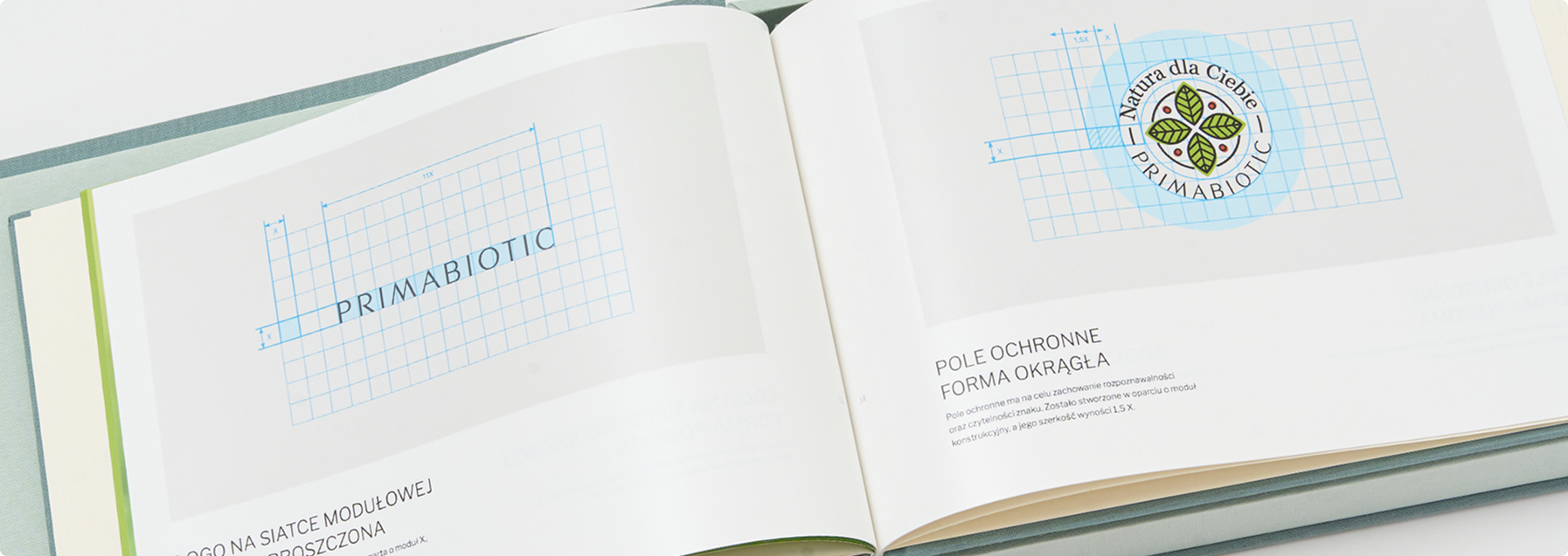 Księga znaku PRIMABIOTIC, przedstawiająca siatkę modułową oraz pole ochronne logo. Zawiera zasady zachowania czytelności i proporcji znaku graficznego.