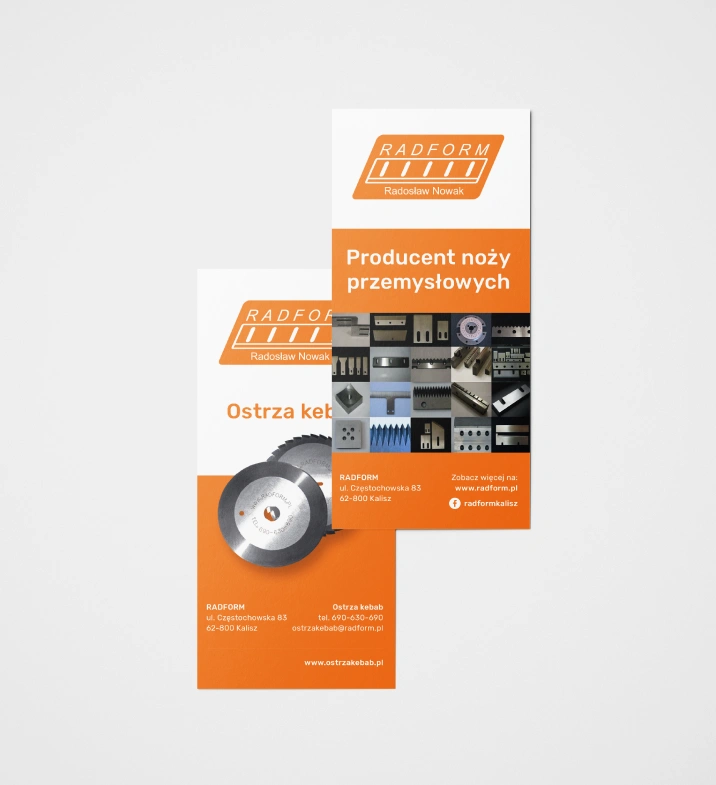 Folder reklamowy RADFORM – producenta noży przemysłowych. Nowoczesny design, czytelna prezentacja produktów i dynamiczna pomarańczowa kolorystyka.
