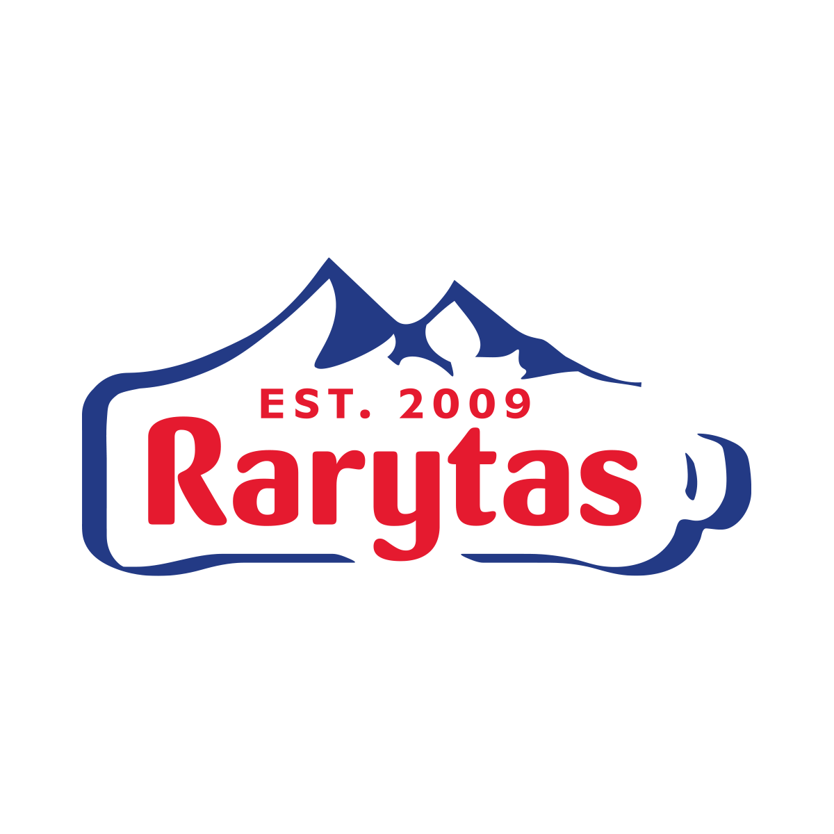 Logo Rarytas przedstawia nazwę w czerwono-niebieskiej kolorystyce z grafiką gór. Napis „EST. 2009” podkreśla długoletnią tradycję marki i jej doświadczenie.