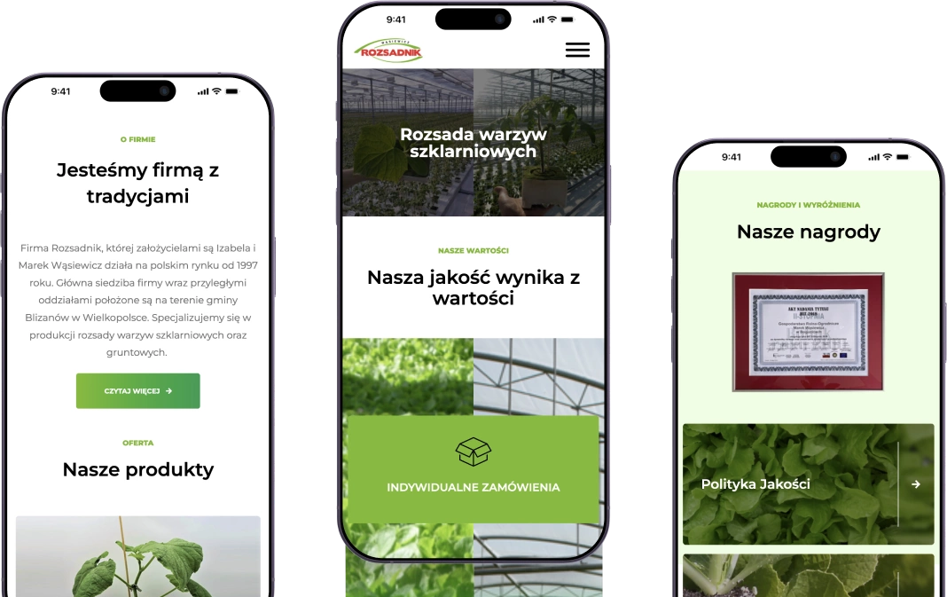 Strona Rozsadnik ułatwia kontakt z firmą, oferując sekcję „Kontakt” z danymi teleadresowymi, godzinami otwarcia i mapą dojazdu, wspierając współpracę.