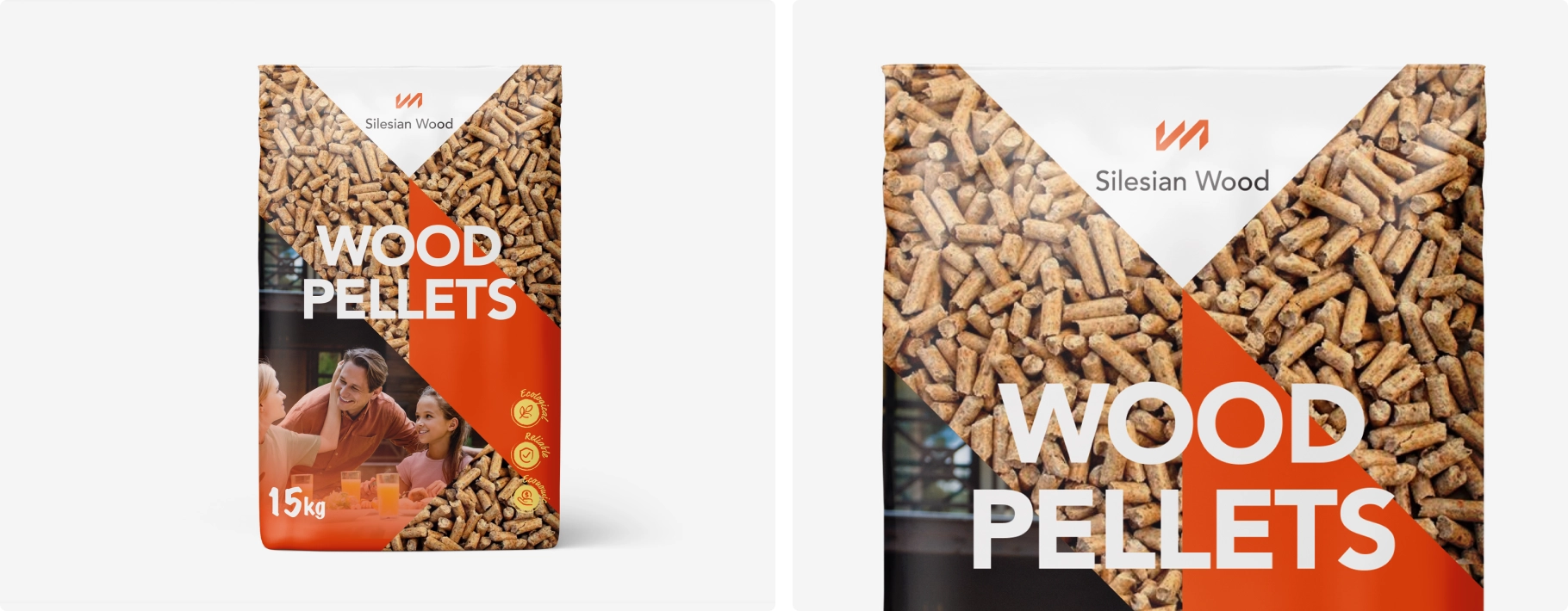 Opakowanie Silesian Wood Pellets – nowoczesny design, motyw drewnianych granulek, ciepłe kolory i czytelne oznaczenia. Worek 15 kg, ekologiczne paliwo opałowe.