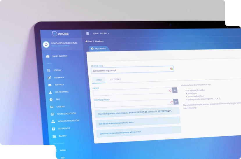 Ekran trigoCMS pokazuje edycję konta. Po lewej menu nawigacyjne, po prawej sekcja zmiany hasła. Intuicyjny interfejs ułatwia zarządzanie treścią.